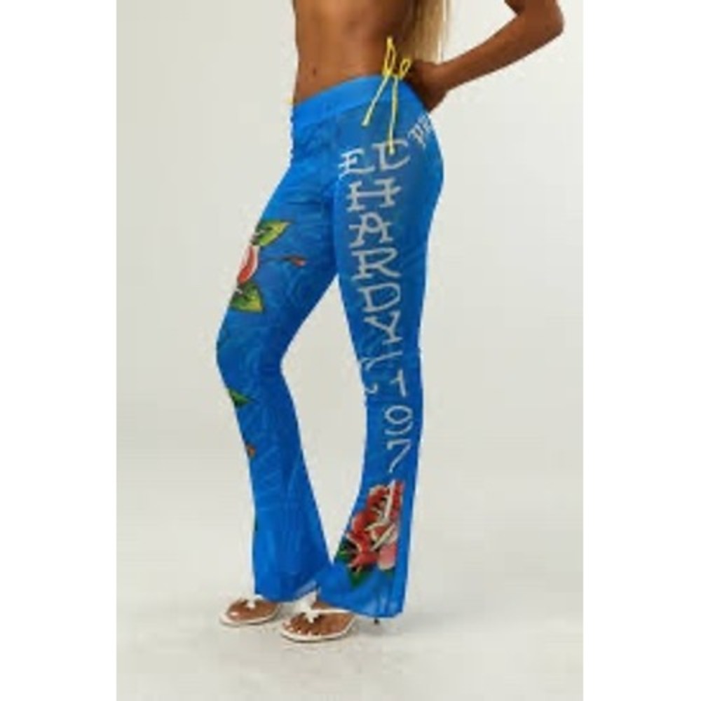 Ed Hardy Blue Mesh Swim Festival Pants Rose Tattoo Print Flare Y2K Small NEW